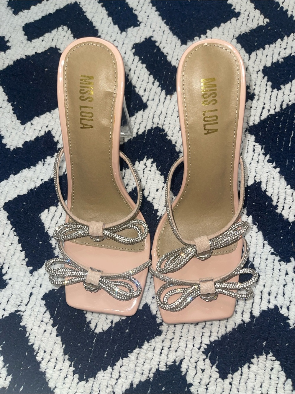 Miss Lola Blush Pink Rhinestone Bow Clear-Heel Sandals